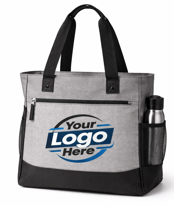 Grey tote bag with black handles and a zippered front pocket, featuring a placeholder Your Logo Here; promotional bag suitable for Indianapolis-based Printing Partners campaigns.