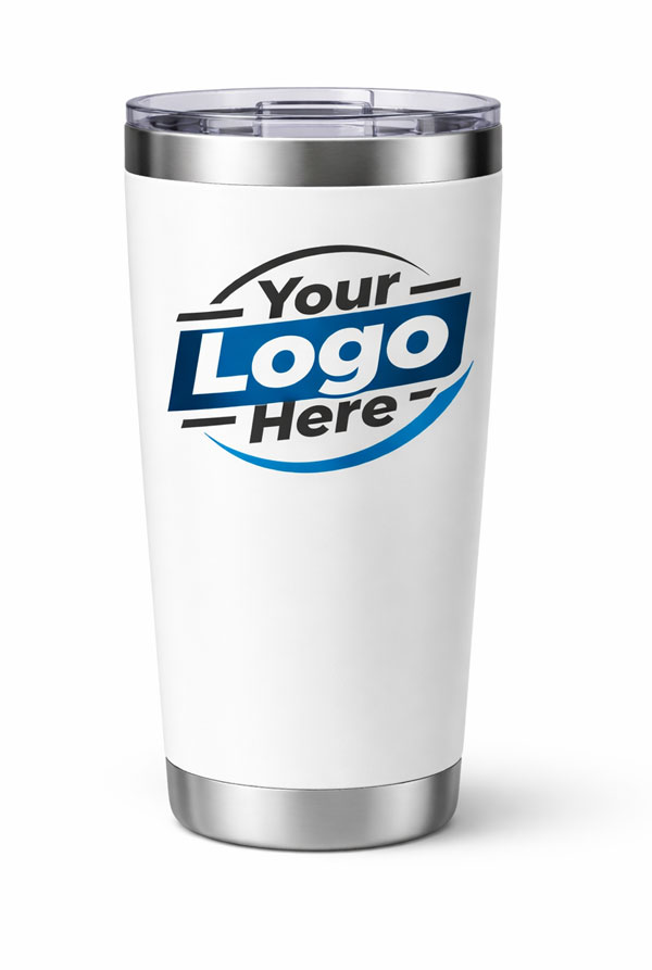 White stainless steel tumbler with chrome top and bottom accents displaying a placeholder 'Your Logo Here' graphic, associated with Printing Partners in Indianapolis promotional product context.