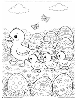 Ducklings and Easter eggs coloring page — baby ducklings with Easter eggs, free spring coloring PDF for kids
