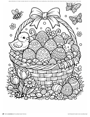 Easter basket bunny and chick coloring page — Easter basket with bunny and chick, free printable PDF