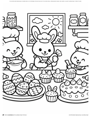 Easter bunny baking eggs coloring page — bunny baking Easter treats, free kids printable coloring PDF