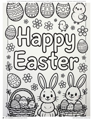 Happy Easter bunnies coloring page — cheerful Easter bunnies scene, free printable kids coloring PDF