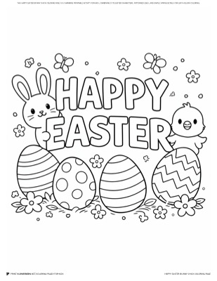 Happy Easter bunny and chick coloring page — Easter bunny with baby chick, free spring coloring PDF for kids
