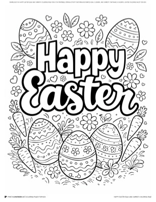 Happy Easter eggs and carrots coloring page — decorated Easter eggs with carrots, free printable spring coloring PDF