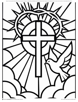 Jesus cross and dove coloring page — cross with a dove representing the Holy Spirit, free religious Easter coloring PDF