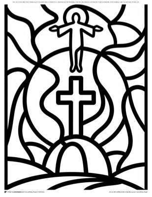 Jesus resurrection stained glass coloring page — stained glass style illustration of the resurrection, free religious Easter PDF