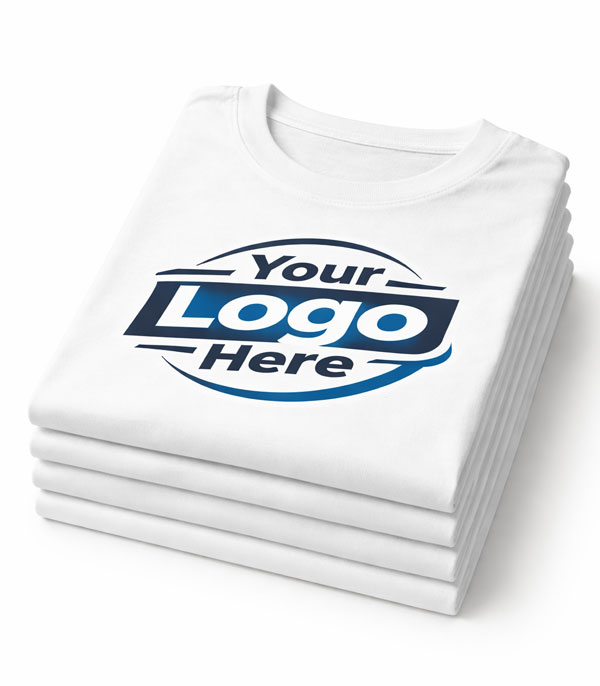 White stack of crew-neck t-shirts with a blue placeholder logo reading 'Your Logo Here', suitable for Indianapolis promotional products and Printing Partners branding.