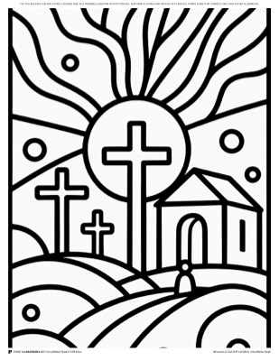 Religious Easter church coloring page — Easter church scene with cross and congregation, free kids coloring PDF