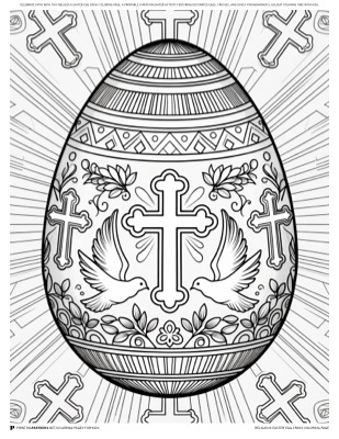 Religious Easter egg cross coloring page — Easter egg and cross combined symbol, free faith-based coloring PDF