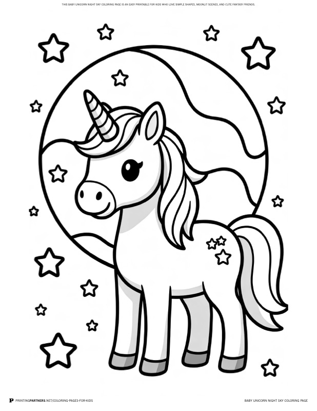 Baby Unicorn Night Sky Coloring Page coloring page - This baby unicorn night sky coloring page is an easy printable for kids who love simple shapes, moonlit scenes, and cute fantasy friends.