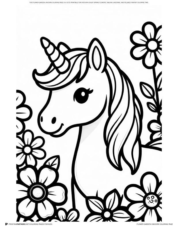 Flower Garden Unicorn Coloring Page coloring page - This flower garden unicorn coloring page is a cute printable for kids who enjoy spring flowers, smiling unicorns, and relaxed fantasy coloring time.