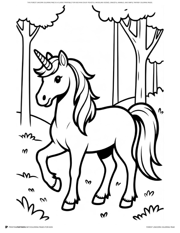 Forest Unicorn Coloring Page coloring page - This forest unicorn coloring page is a classic printable for kids who enjoy peaceful woodland scenes, graceful animals, and simple fantasy coloring pages.
