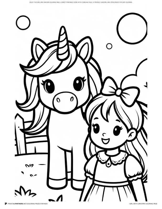 Girl with Unicorn Coloring Page coloring page - Enjoy this girl and unicorn coloring page, a sweet printable scene with a smiling child, a friendly unicorn, and open spaces for easy coloring.