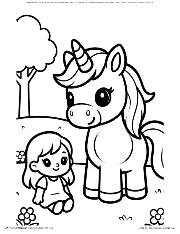 Little Girl and Unicorn Coloring Page coloring page - Download this little girl and unicorn coloring page for a cute printable activity filled with friendly shapes, flowers, and gentle fantasy fun for young kids.