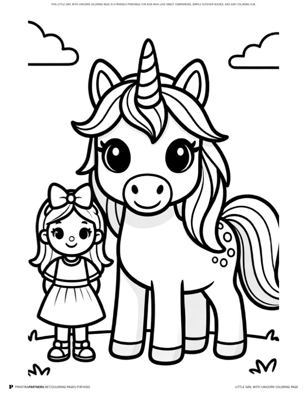 Little Girl with Unicorn Coloring Page coloring page - This little girl with unicorn coloring page is a friendly printable for kids who love sweet companions, simple outdoor scenes, and easy coloring fun.