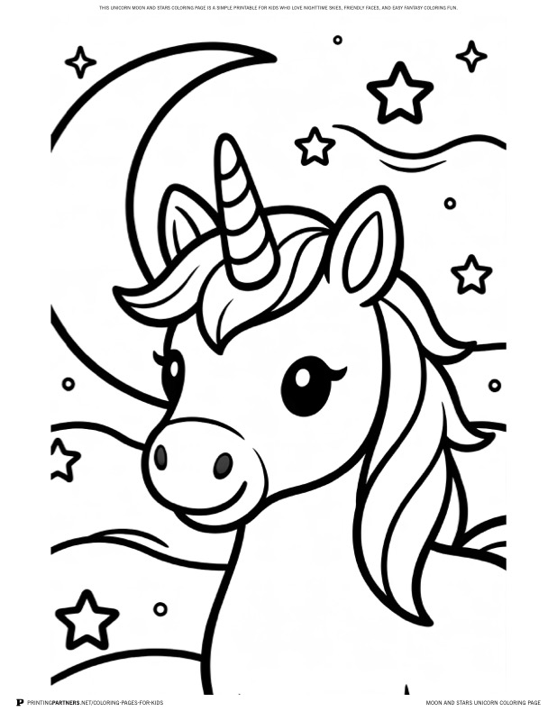 Moon and Stars Unicorn Coloring Page coloring page - This unicorn moon and stars coloring page is a simple printable for kids who love nighttime skies, friendly faces, and easy fantasy coloring fun.