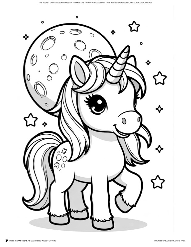 Moonlit Unicorn Coloring Page coloring page - This moonlit unicorn coloring page is a fun printable for kids who love stars, space inspired backgrounds, and cute magical animals.