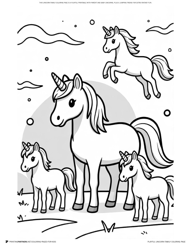 Playful Unicorn Family Coloring Page coloring page - This unicorn family coloring page is a playful printable with parent and baby unicorns, plus a jumping friend for extra fantasy fun.