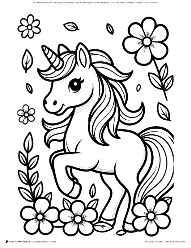 Prancing Unicorn Flower Coloring Page coloring page - This prancing unicorn flower coloring page is a cheerful printable filled with blossoms, leaves, and magical movement for fun fantasy coloring.