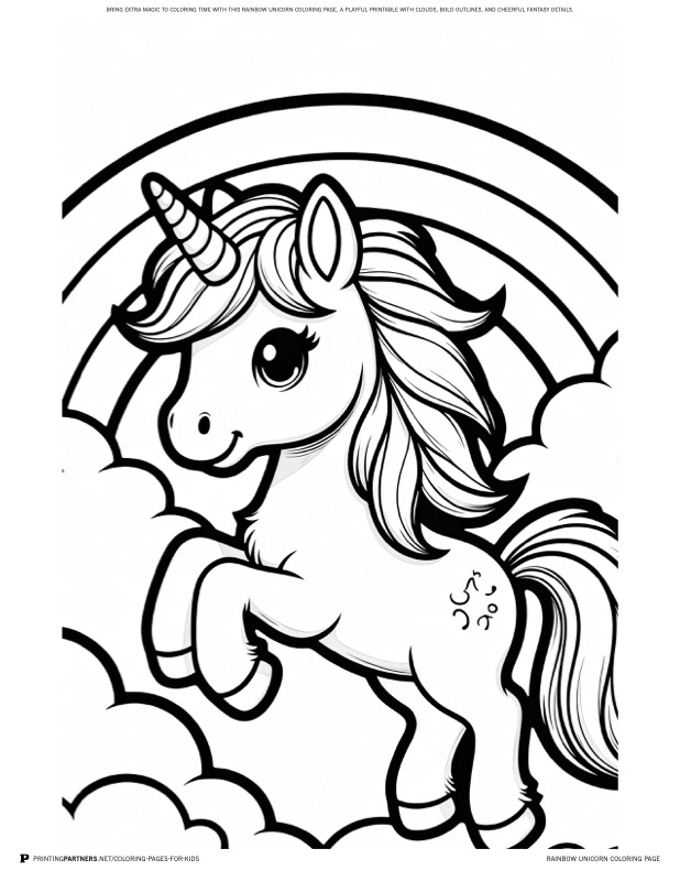 Rainbow Unicorn Coloring Page coloring page - Bring extra magic to coloring time with this rainbow unicorn coloring page, a playful printable with clouds, bold outlines, and cheerful fantasy details.
