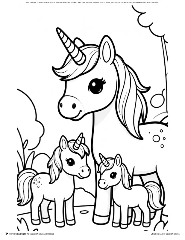 Unicorn Family Coloring Page coloring page - This unicorn family coloring page is a sweet printable for kids who love magical animals, forest paths, and gentle fantasy scenes with parent and baby unicorns.