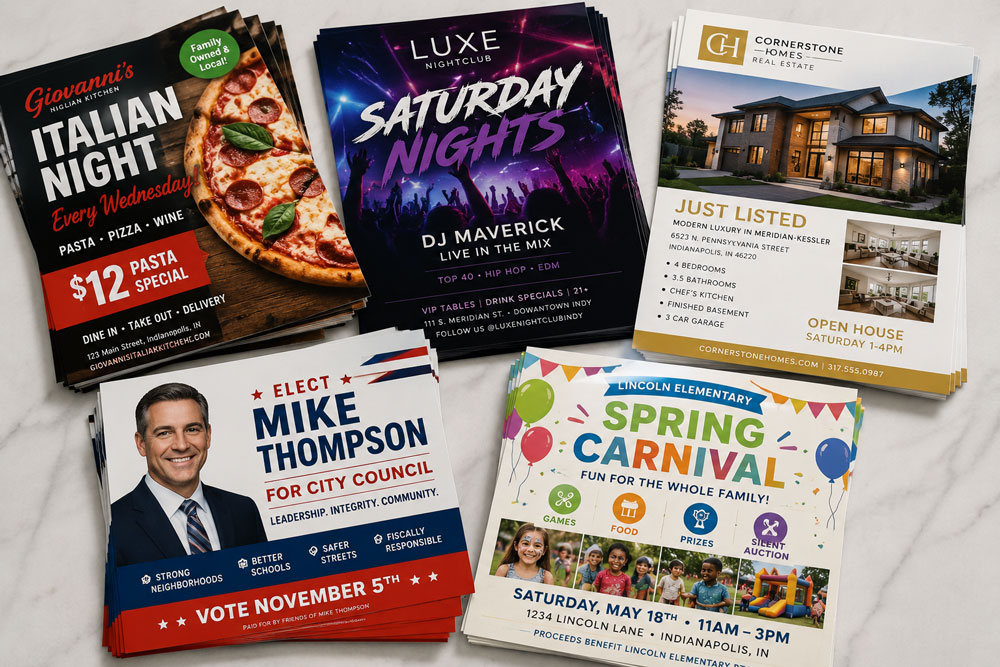 Collage of high quality printed flyers by Printing Partners Indianapolis
