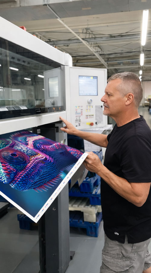 A Printing Partners pressman pulling a sheet from a Heidelberg XL 106 press to check color