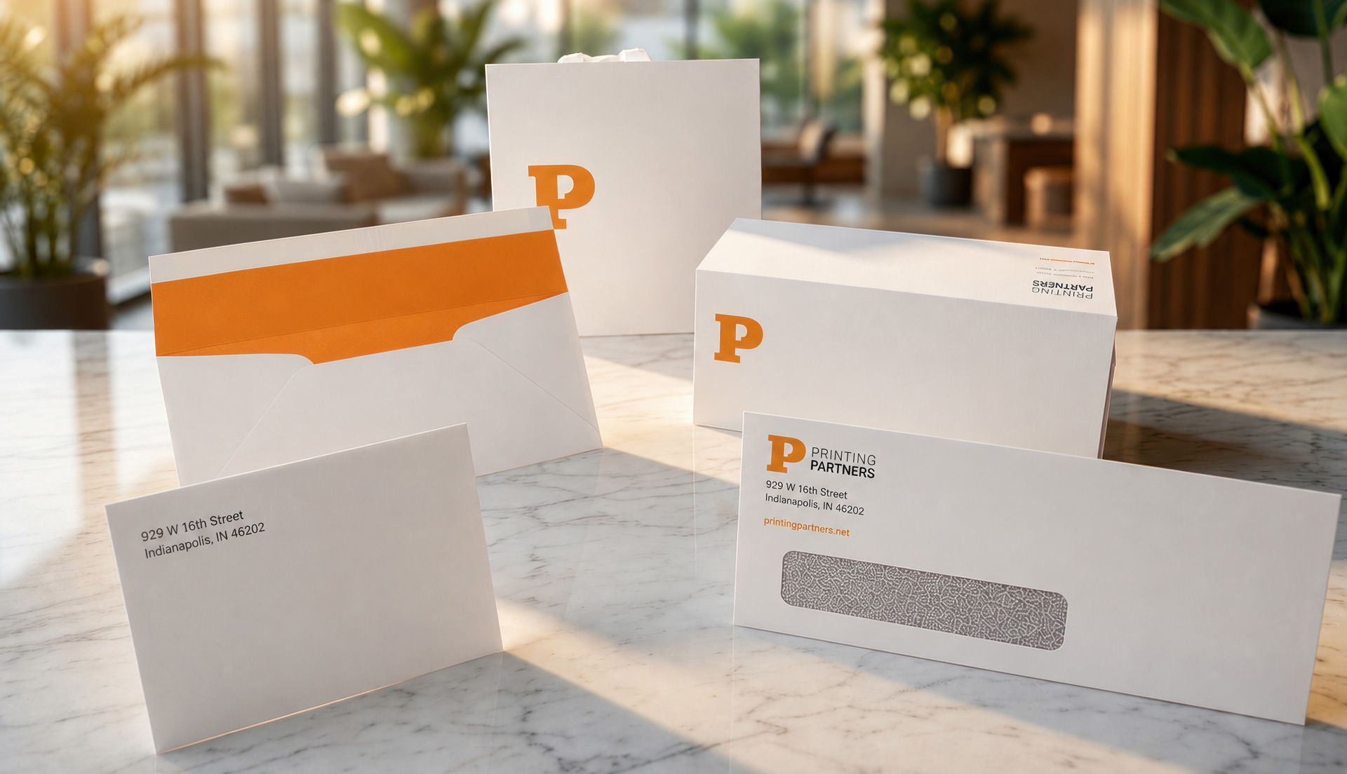 Multiple custom printed envelopes in various sizes including booklet, window, and A7 styles, all branded for Printing Partners in Indianapolis