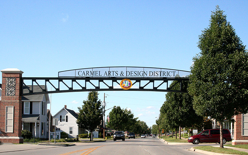 Archway entrance sign for the Carmel Arts and Design District in Carmel, Indiana.