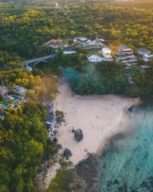 a beach with houses and trees
