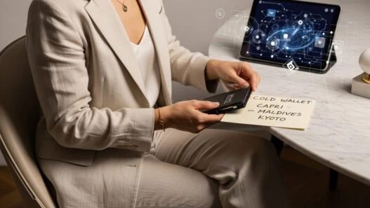 Luxury travel advisor in editorial scene reviewing crypto-native itinerary with blockchain interface and elegant styling.Luxury Travel Advisor Web3