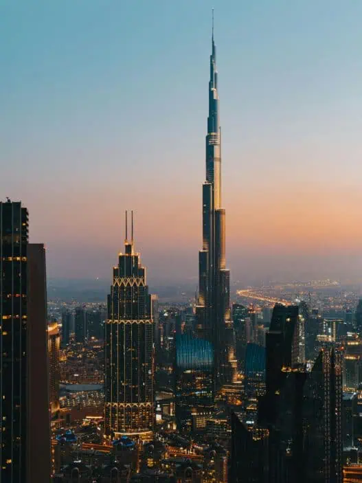 Private jet to Dubai with skyline view of Burj Khalifa