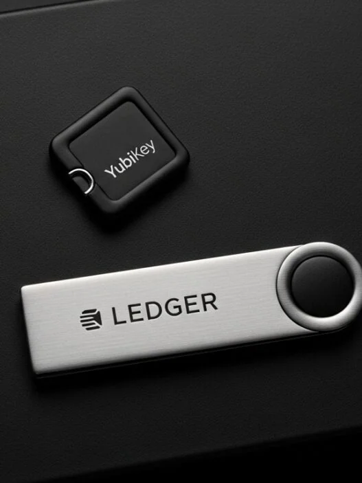 YubiKey and Ledger wallet next to a Web3 wallet interface, showing layered digital and physical access methods