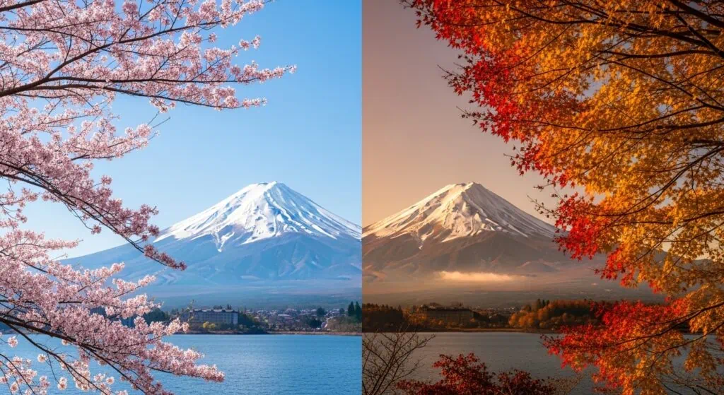 Japan private aviation seasonal guide showing cherry blossoms and fall colors