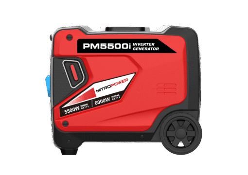 Linkerzijaanzicht Mitropower PM5500i inverter generator met merklogo en specificaties