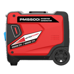 Linkerzijaanzicht Mitropower PM5500i inverter generator met merklogo en specificaties