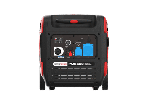 Vooraanzicht Mitropower PM5500i inverter generator met bedieningspaneel en stekkeraansluitingen