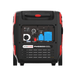 Vooraanzicht Mitropower PM5500i inverter generator met bedieningspaneel en stekkeraansluitingen