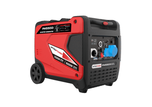 Mitropower PM5500i generator schuin vooraanzicht rechts met robuuste wielen