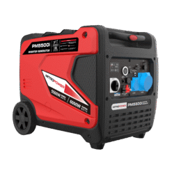 Mitropower PM5500i generator schuin vooraanzicht rechts met robuuste wielen