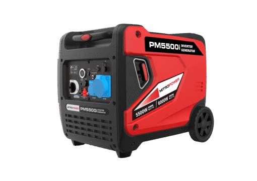 Mitropower PM5500i inverter generator schuin vooraanzicht met zicht op aansluitingen en trekkoord