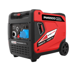 Mitropower PM5500i inverter generator schuin vooraanzicht met zicht op aansluitingen en trekkoord