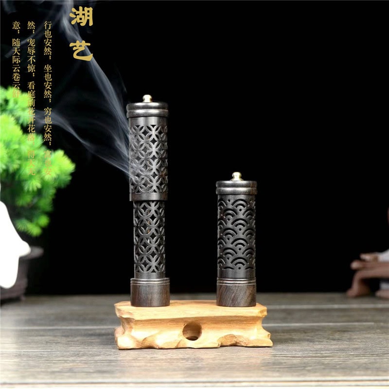 墨香黑檀木銅錢鏤空立式香爐- 普雲閣
