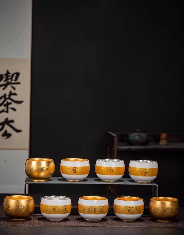 《百順》手工金盞杯羊脂玉白瓷鎏金主人茶盞杯