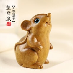 望財天然綠檀木雕可愛鼠擺件文玩把件