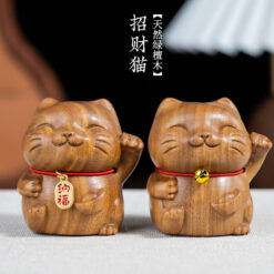天然綠檀木雕刻小貓可愛擺件手把件