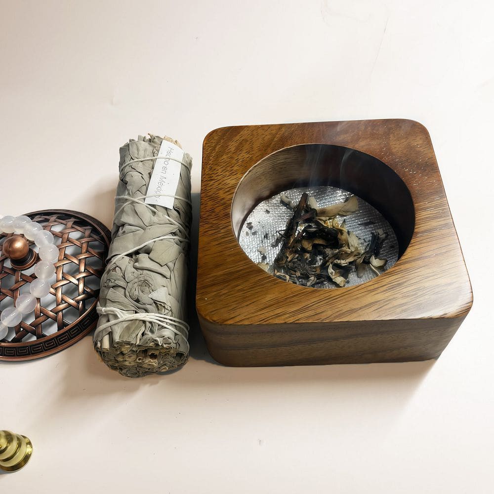 方形胡桃木白鼠尾草水晶消磁容器：圖片 2