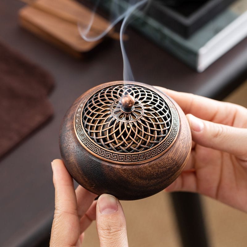 圓形胡桃木白鼠尾草水晶消磁容器：圖片 2