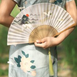 仙鶴古風折扇國風旗袍漢服便攜竹扇