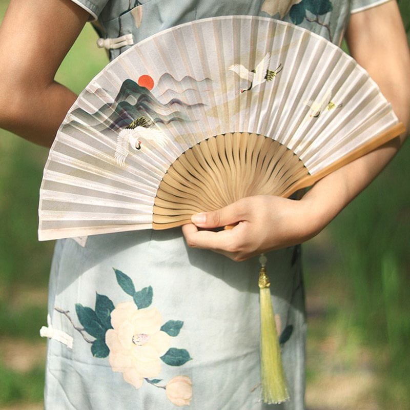 仙鶴古風折扇國風旗袍漢服便攜竹扇
